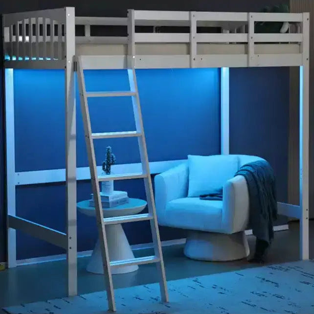 VINGLI Twin Wood Loft Bed with Charging Station/LED, Flat Rungs, 15 inches High Guardrail,Wood Slat Support No Box Spring Needed, White