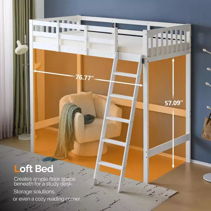 Letto a soppalco matrimoniale in legno con stazione di ricarica e LED, pioli piatti, sponda di protezione da 15", nessuna necessità di rete, bianco