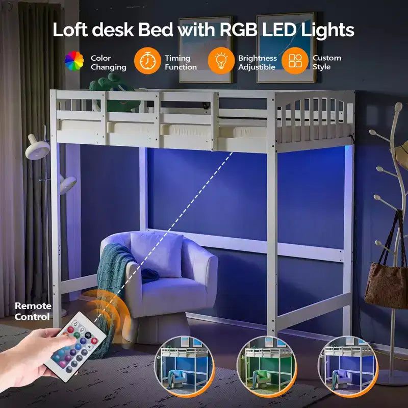 Letto a soppalco matrimoniale in legno con stazione di ricarica e LED, pioli piatti, sponda di protezione da 15", nessuna necessità di rete, bianco