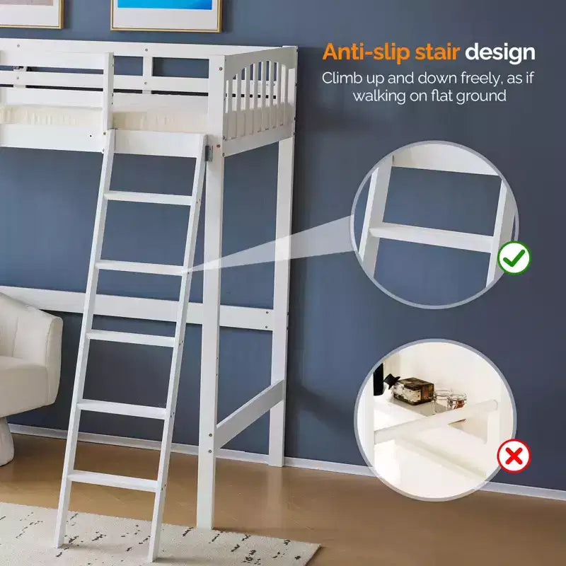 Letto a soppalco matrimoniale in legno con stazione di ricarica e LED, pioli piatti, sponda di protezione da 15", nessuna necessità di rete, bianco