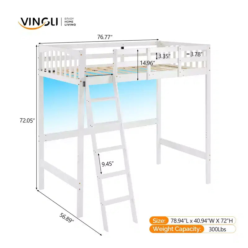 Letto a soppalco matrimoniale in legno con stazione di ricarica e LED, pioli piatti, sponda di protezione da 15", nessuna necessità di rete, bianco