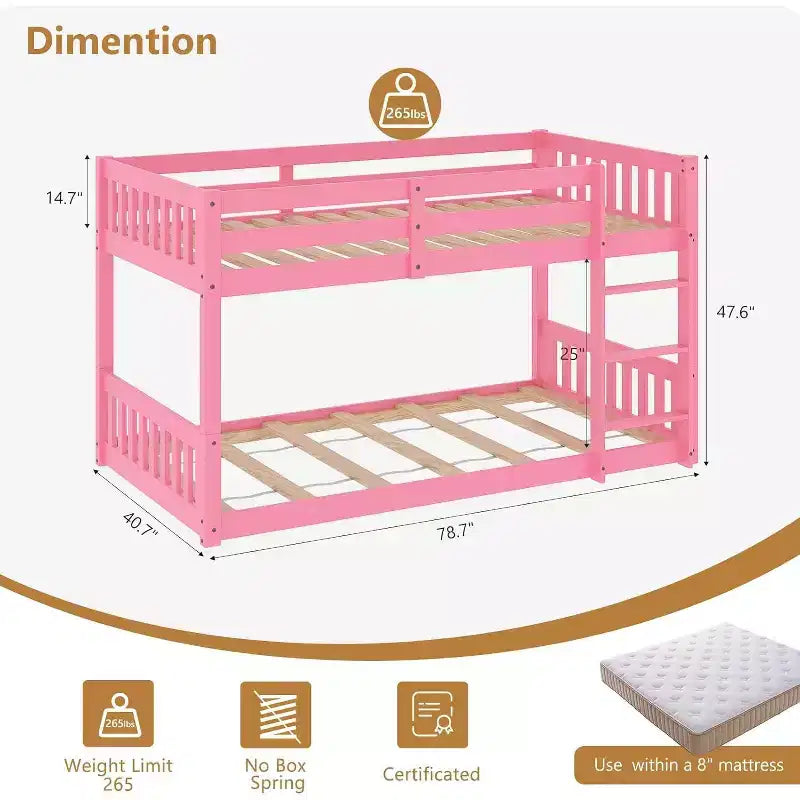 Letto a castello basso singolo su singolo per bambini, struttura in legno con sponde di sicurezza e scaletta, materasso non incluso