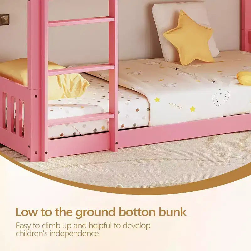 Letto a castello basso singolo su singolo per bambini, struttura in legno con sponde di sicurezza e scaletta, materasso non incluso