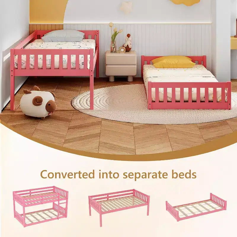 Letto a castello basso singolo su singolo per bambini, struttura in legno con sponde di sicurezza e scaletta, materasso non incluso