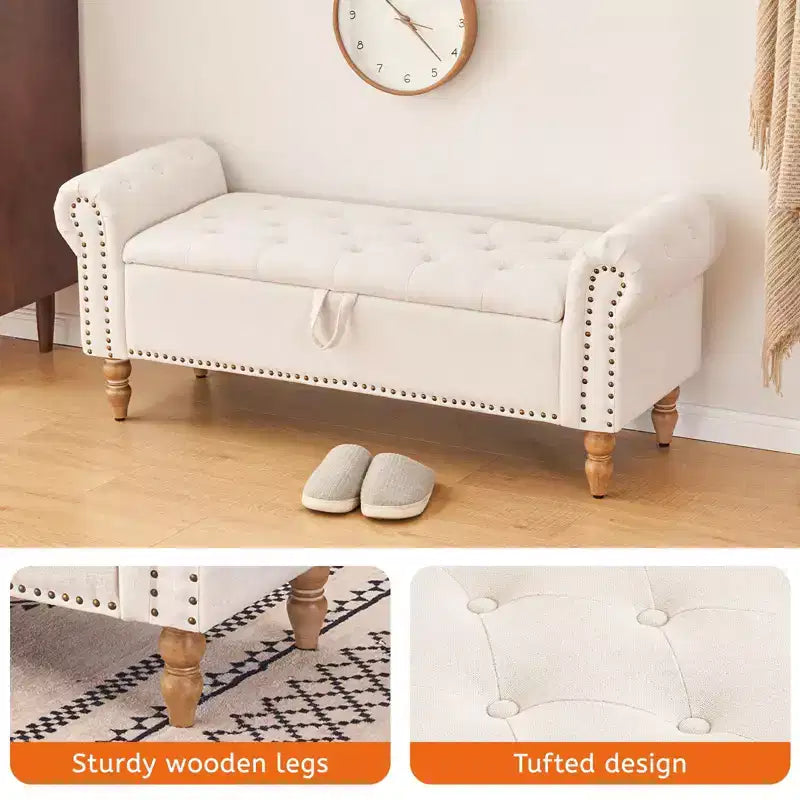 Panca contenitore/ottoman grande imbottita con bottoni a capitonné, lino, per camera da letto/ingresso/soggiorno