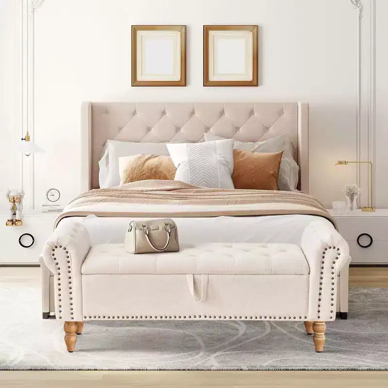Panca contenitore/ottoman grande imbottita con bottoni a capitonné, lino, per camera da letto/ingresso/soggiorno