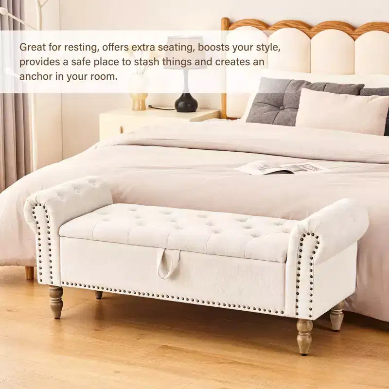 Panca contenitore/ottoman grande imbottita con bottoni a capitonné, lino, per camera da letto/ingresso/soggiorno
