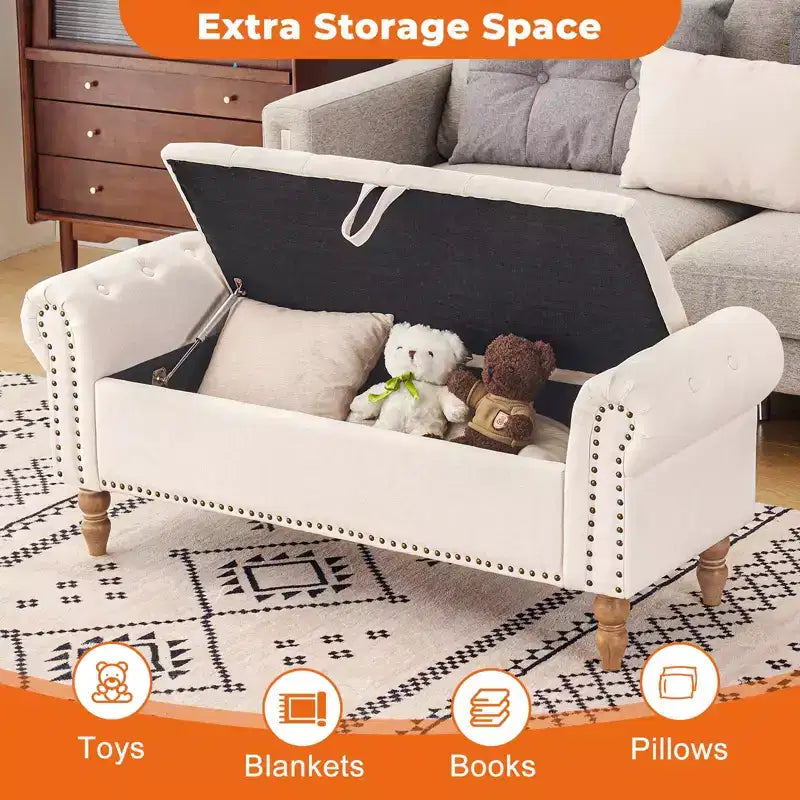 Panca contenitore/ottoman grande imbottita con bottoni a capitonné, lino, per camera da letto/ingresso/soggiorno