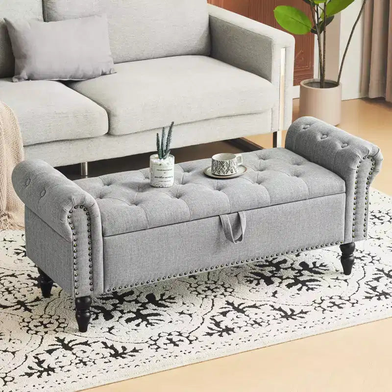 Panca contenitore/ottoman grande imbottita con bottoni a capitonné, lino, per camera da letto/ingresso/soggiorno