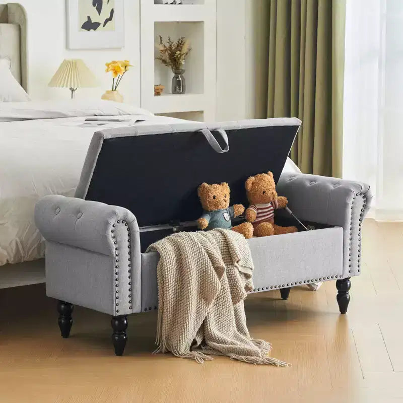 Panca contenitore/ottoman grande imbottita con bottoni a capitonné, lino, per camera da letto/ingresso/soggiorno