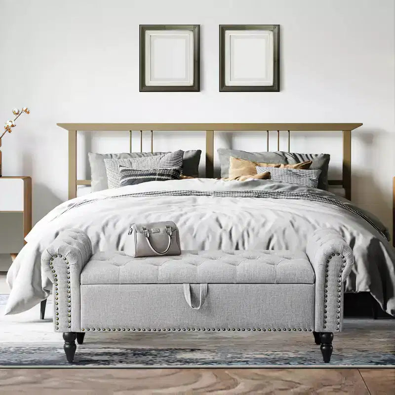 Panca contenitore/ottoman grande imbottita con bottoni a capitonné, lino, per camera da letto/ingresso/soggiorno