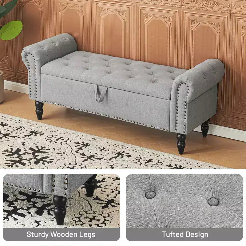 Panca contenitore/ottoman grande imbottita con bottoni a capitonné, lino, per camera da letto/ingresso/soggiorno