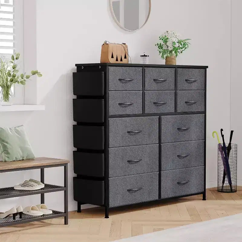 Torre portaoggetti alta a 12 cassetti in tessuto con piano in legno, tasche laterali e ganci, per camera da letto, armadio, corridoio