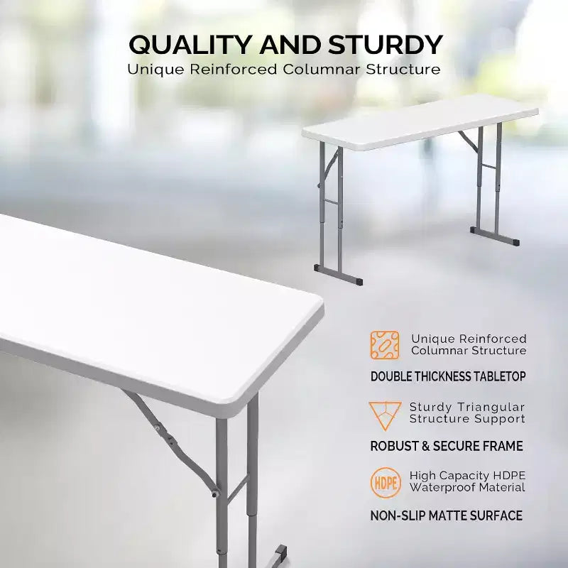 Tavolo pieghevole stretto da 122 cm, piano in HDPE, robusto telaio in metallo, bianco, nessun montaggio richiesto