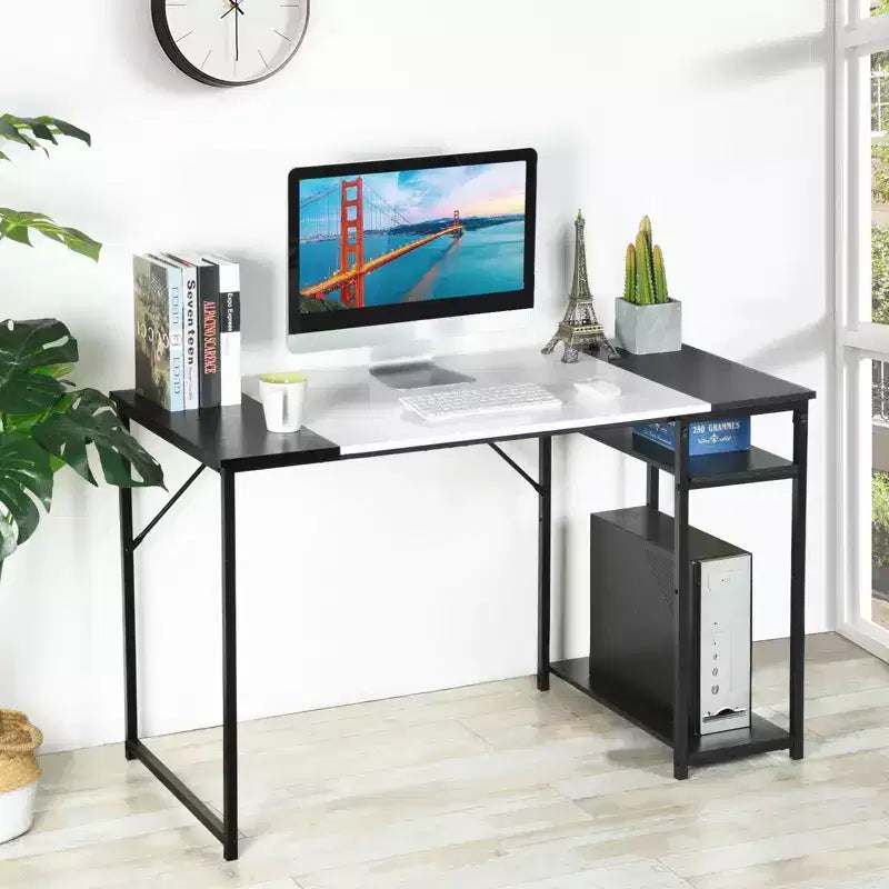 Scrivania per studio con ripiani, struttura in metallo, postazione di lavoro salvaspazio, nero/bianco