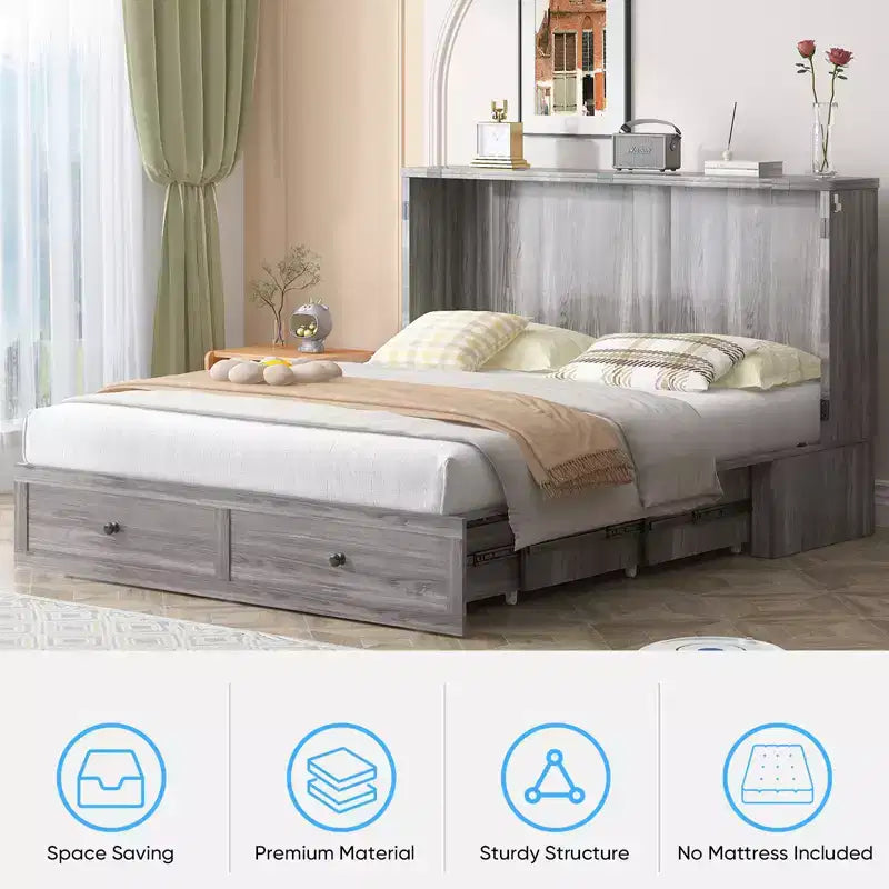 Letto a scomparsa moderno Full/Queen con cassetti portaoggetti e stazione di ricarica, senza materasso, grigio