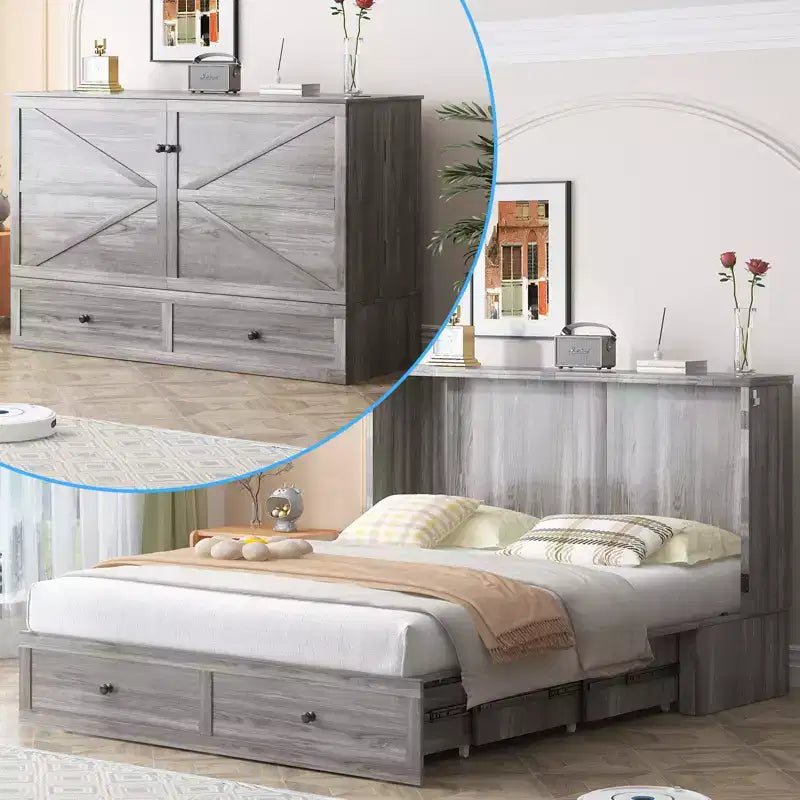 Letto a scomparsa moderno Full/Queen con cassetti portaoggetti e stazione di ricarica, senza materasso, grigio