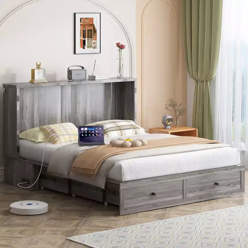 Letto a scomparsa moderno Full/Queen con cassetti portaoggetti e stazione di ricarica, senza materasso, grigio