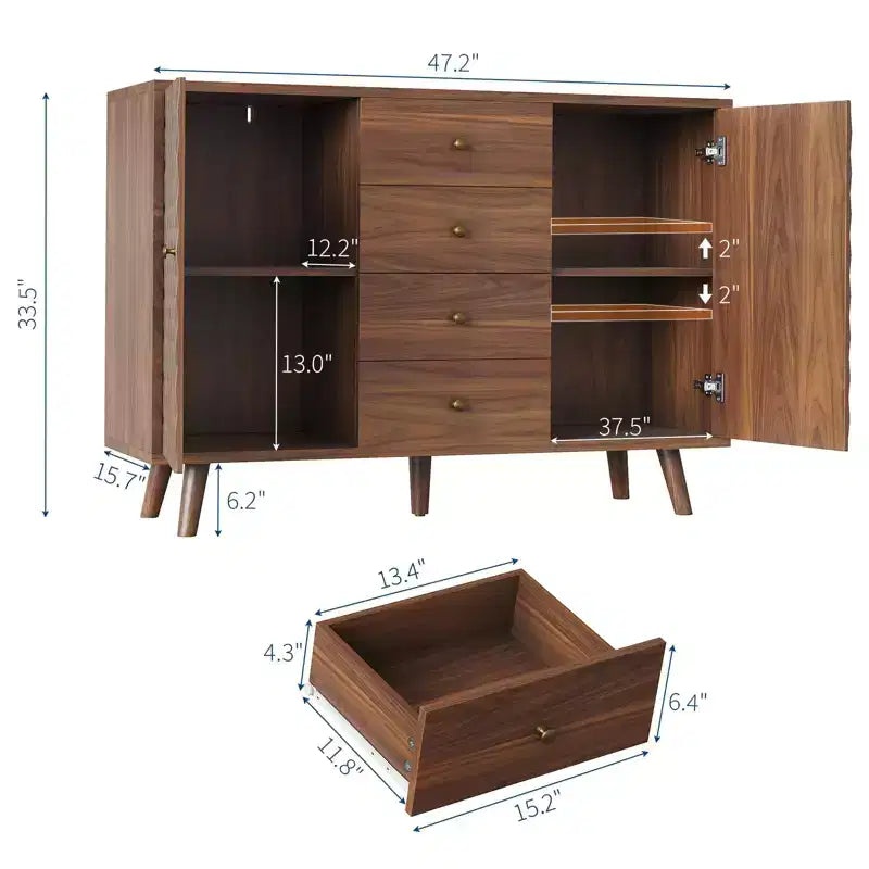 Credenza rustica con incisione a diamante, 2 ante e 4 cassetti
