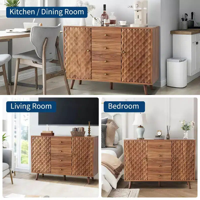 Credenza rustica con incisione a diamante, 2 ante e 4 cassetti