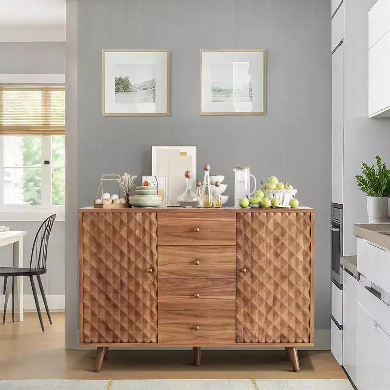Credenza rustica con incisione a diamante, 2 ante e 4 cassetti