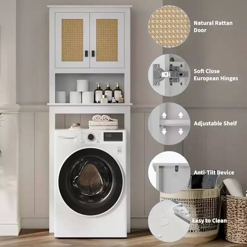 Mobiletto contenitore da bagno rustico con ante in rattan, mobiletto in legno da appoggiare sopra il WC, ripiano regolabile