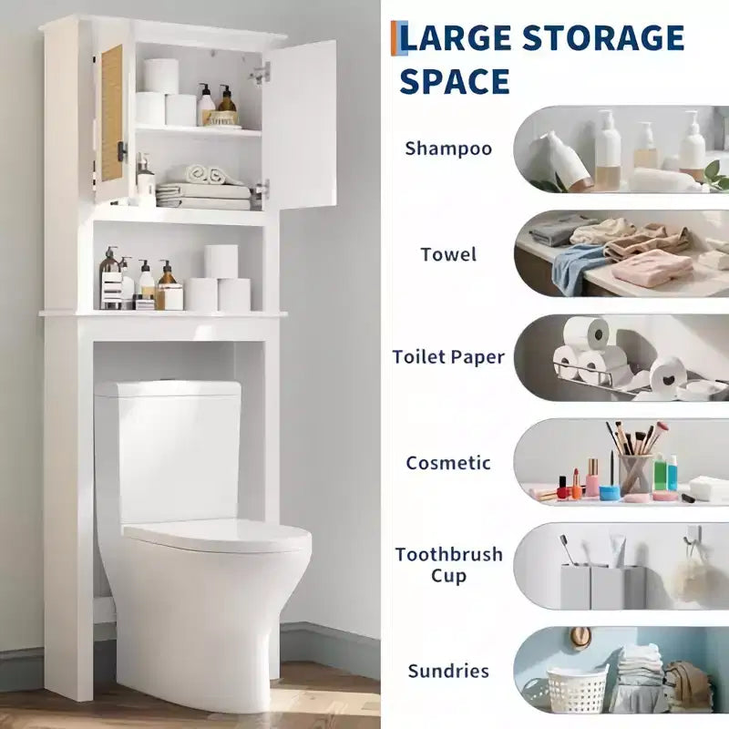 Mobiletto contenitore da bagno rustico con ante in rattan, mobiletto in legno da appoggiare sopra il WC, ripiano regolabile