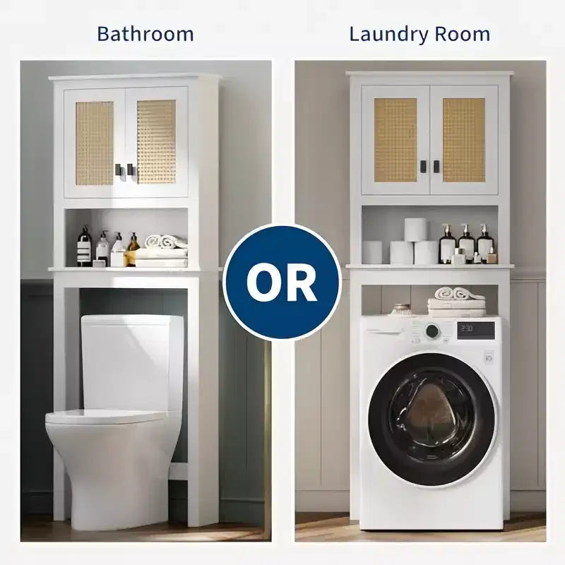 Mobiletto contenitore da bagno rustico con ante in rattan, mobiletto in legno da appoggiare sopra il WC, ripiano regolabile