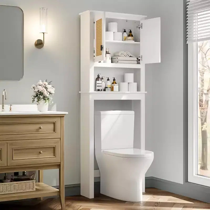 Mobiletto contenitore da bagno rustico con ante in rattan, mobiletto in legno da appoggiare sopra il WC, ripiano regolabile