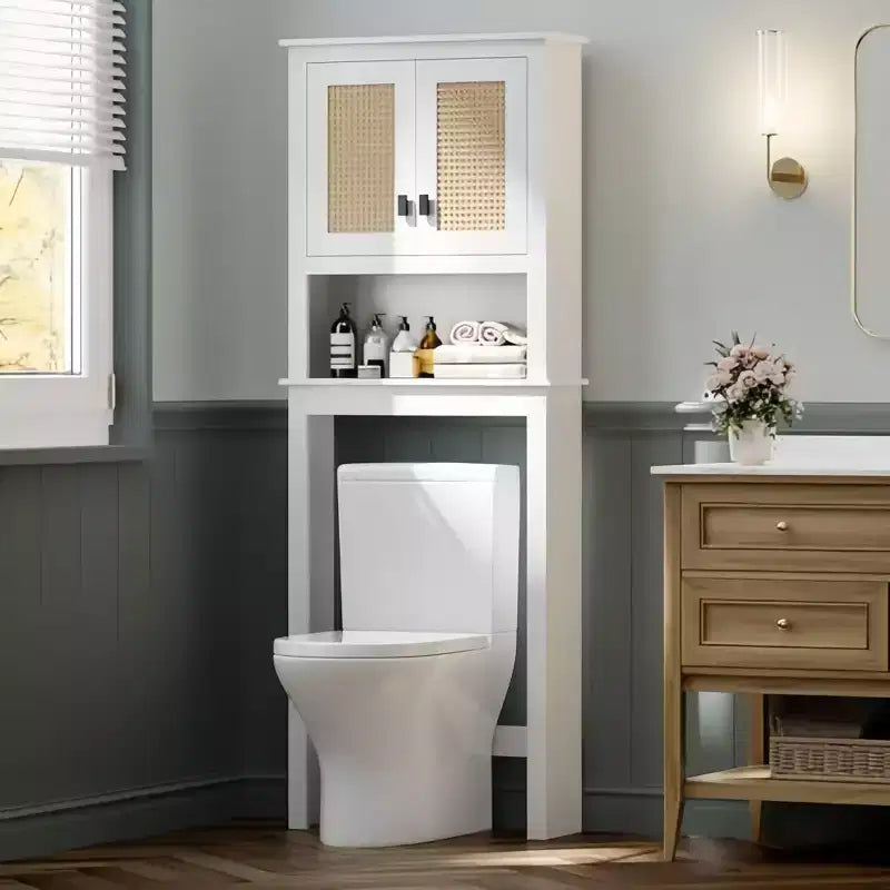 Mobiletto contenitore da bagno rustico con ante in rattan, mobiletto in legno da appoggiare sopra il WC, ripiano regolabile