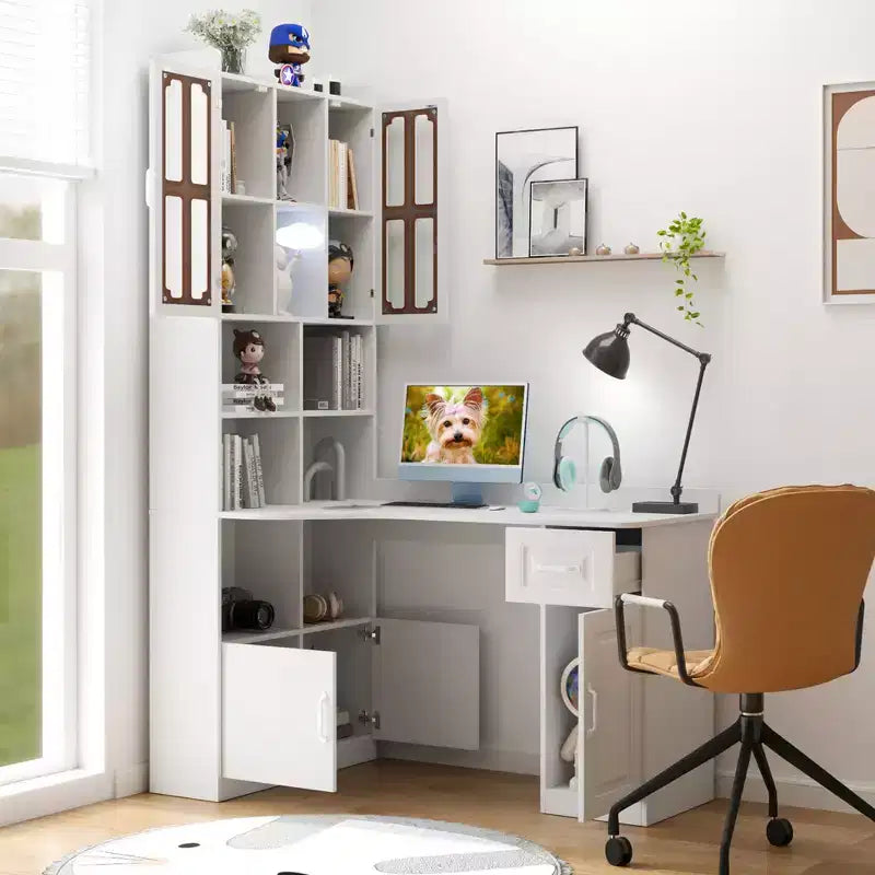 Scrivania angolare a L 2-in-1 per ufficio domestico | Cassetti, libreria e mobile pensile, ampio spazio di lavoro