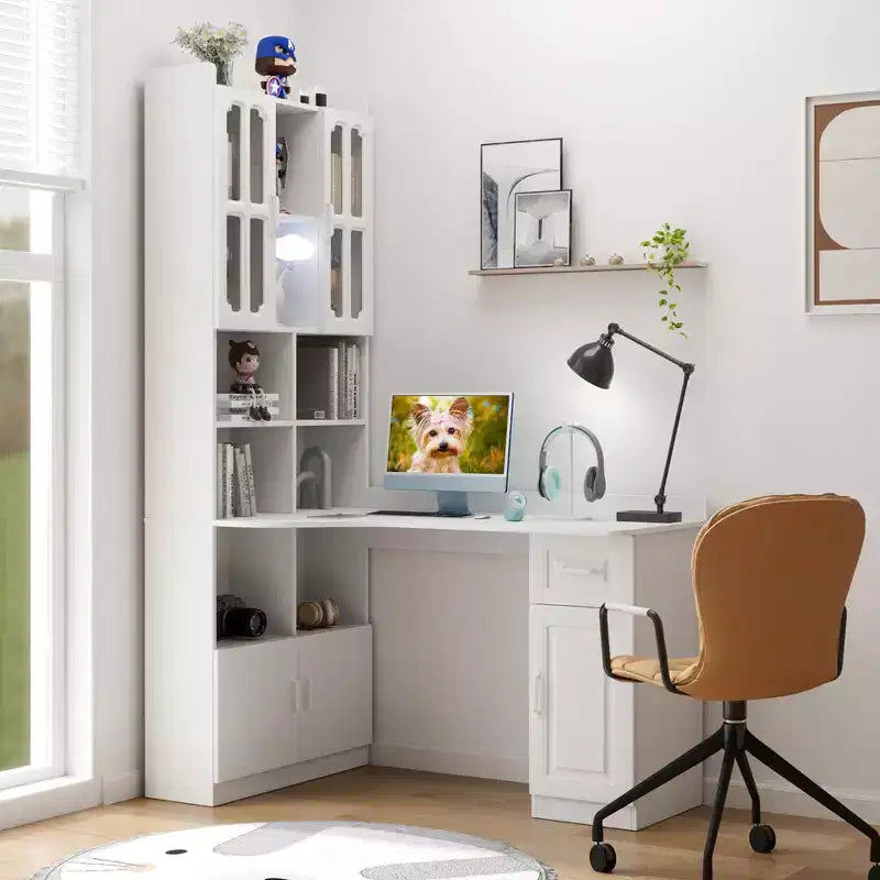 Scrivania angolare a L 2-in-1 per ufficio domestico | Cassetti, libreria e mobile pensile, ampio spazio di lavoro