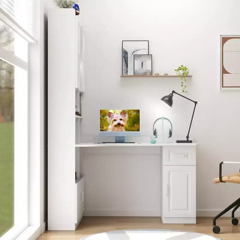 Scrivania angolare a L 2-in-1 per ufficio domestico | Cassetti, libreria e mobile pensile, ampio spazio di lavoro
