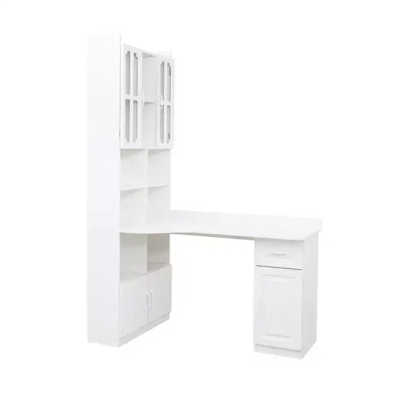 Scrivania angolare a L 2-in-1 per ufficio domestico | Cassetti, libreria e mobile pensile, ampio spazio di lavoro