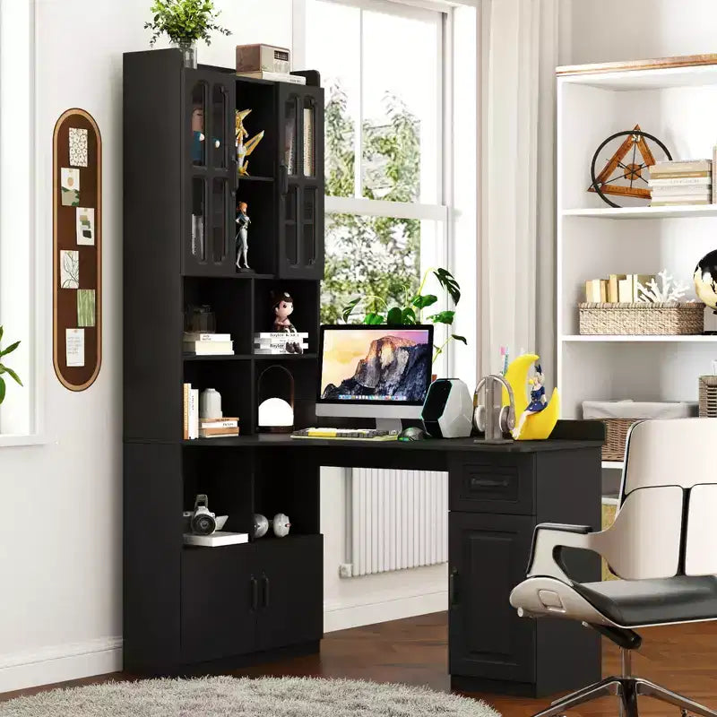 Scrivania angolare a L 2-in-1 per ufficio domestico | Cassetti, libreria e mobile pensile, ampio spazio di lavoro