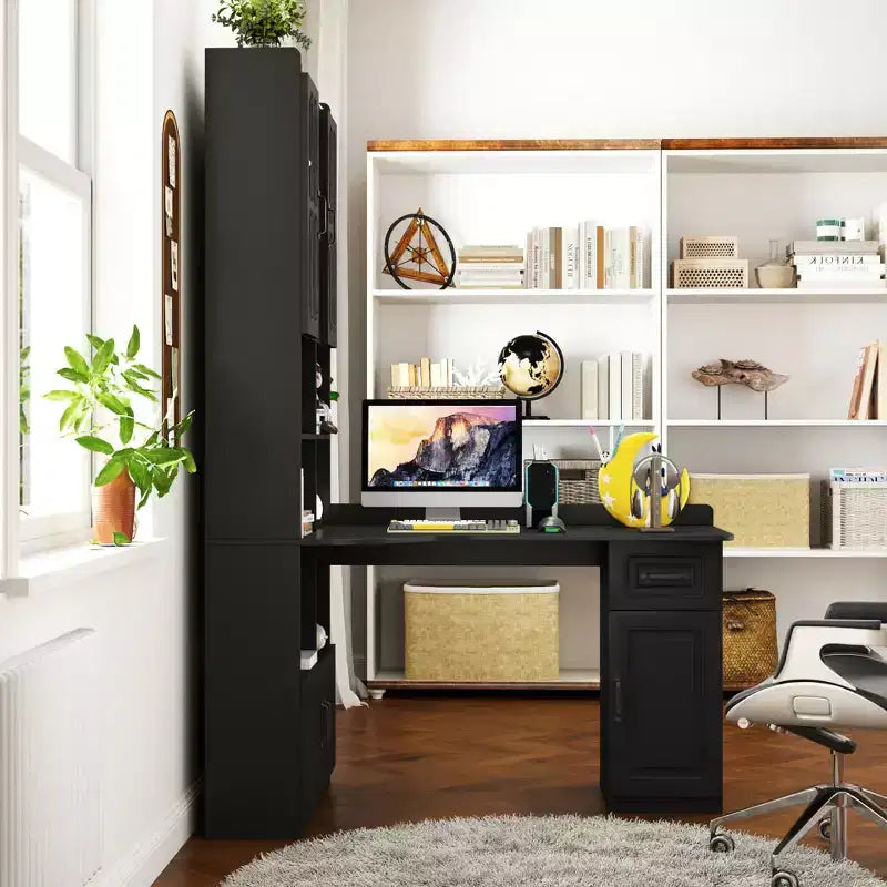 Scrivania angolare a L 2-in-1 per ufficio domestico | Cassetti, libreria e mobile pensile, ampio spazio di lavoro