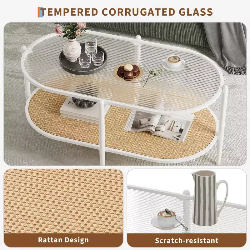 Tavolino da caffè ovale in vetro a onda d'acqua con ripiano portaoggetti in rattan, struttura in metallo a 2 livelli, stile rustico