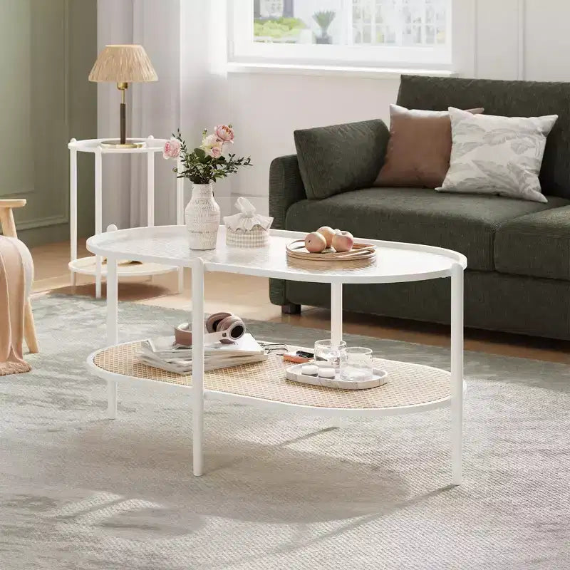 Tavolino da caffè ovale in vetro a onda d'acqua con ripiano portaoggetti in rattan, struttura in metallo a 2 livelli, stile rustico