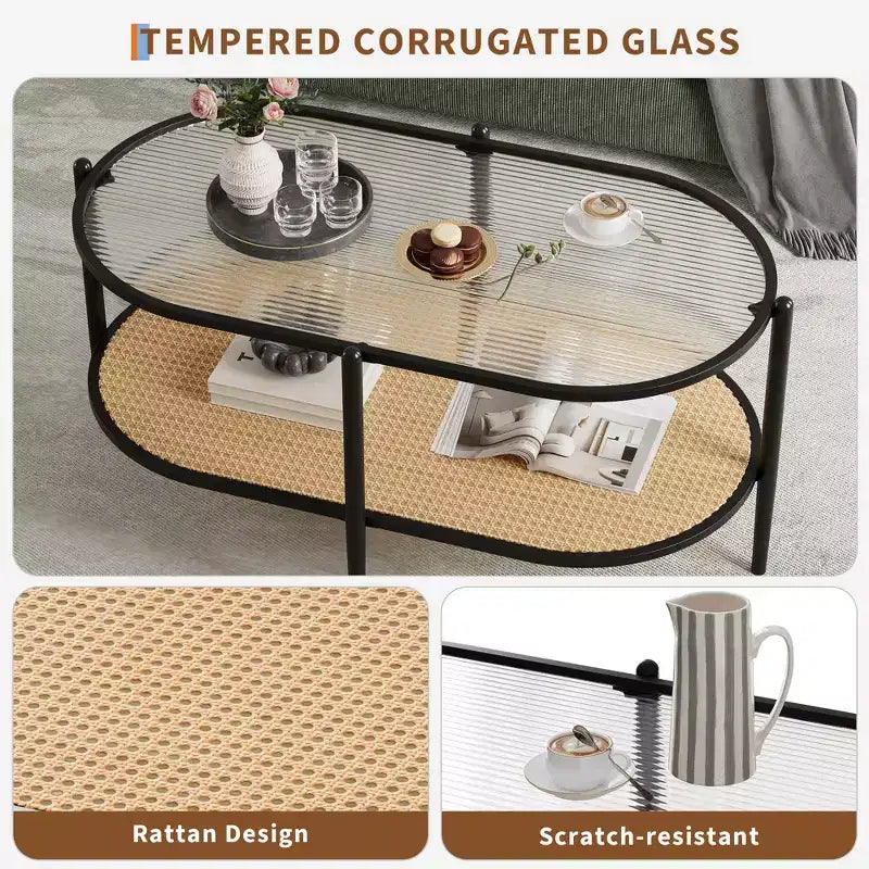 Tavolino da caffè ovale in vetro a onda d'acqua con ripiano portaoggetti in rattan, struttura in metallo a 2 livelli, stile rustico