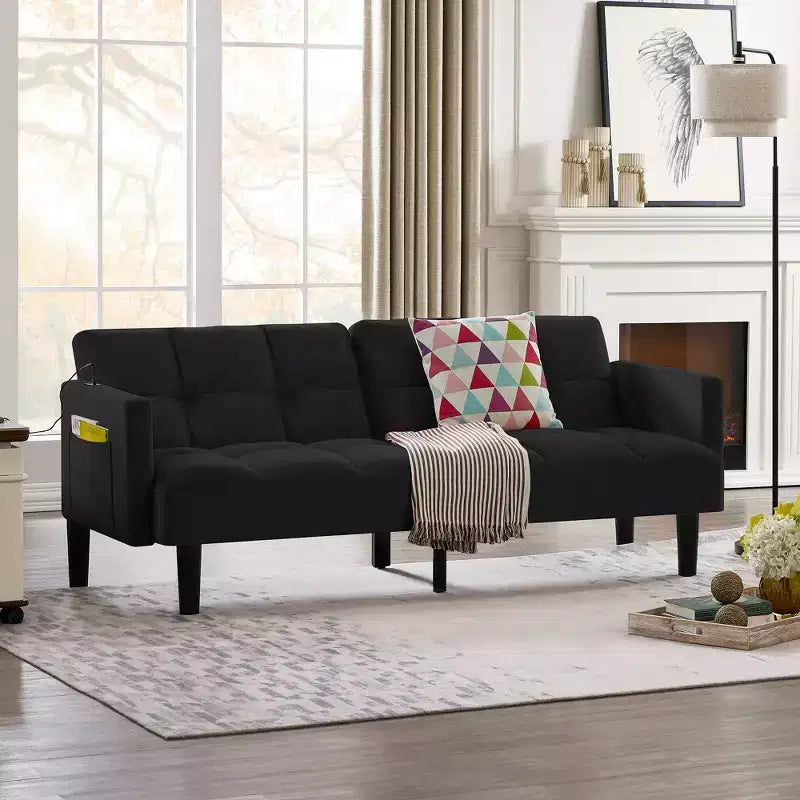 Divano letto futon in velluto trasformabile pieghevole a tre posti con trapuntatura per appartamento, nero
