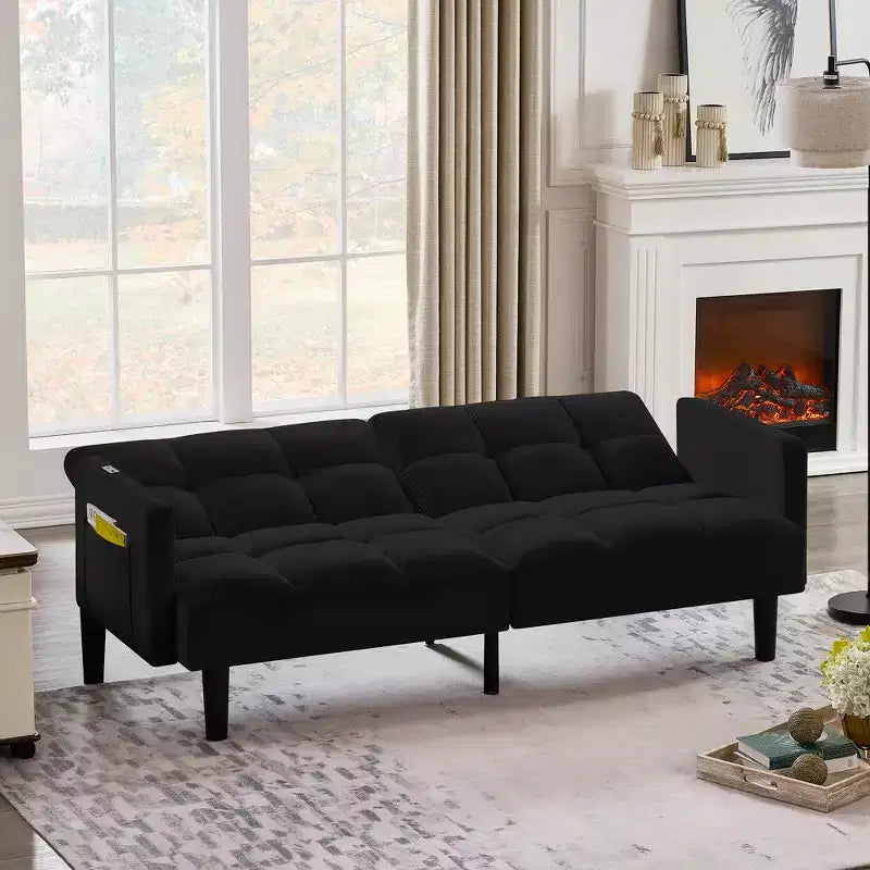 Divano letto futon in velluto trasformabile pieghevole a tre posti con trapuntatura per appartamento, nero