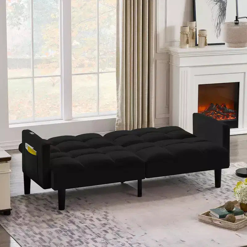 Divano letto futon in velluto trasformabile pieghevole a tre posti con trapuntatura per appartamento, nero