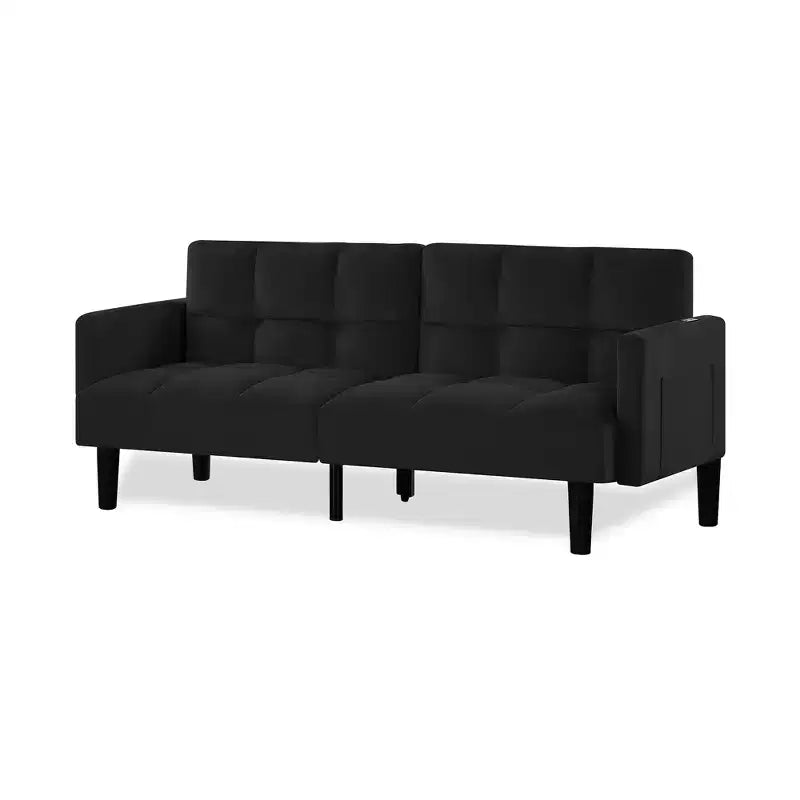 Divano letto futon in velluto trasformabile pieghevole a tre posti con trapuntatura per appartamento, nero
