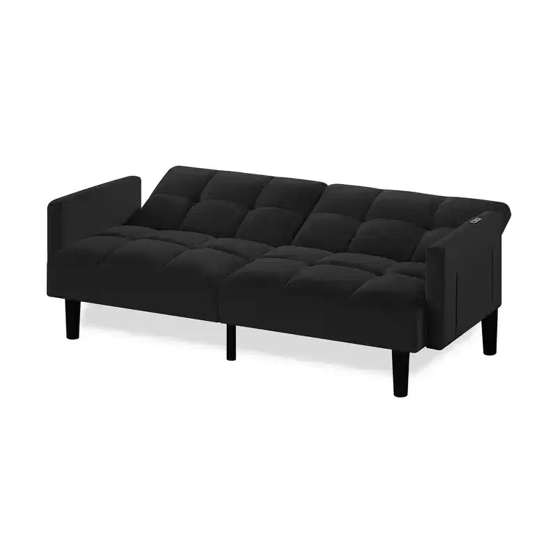 Divano letto futon in velluto trasformabile pieghevole a tre posti con trapuntatura per appartamento, nero