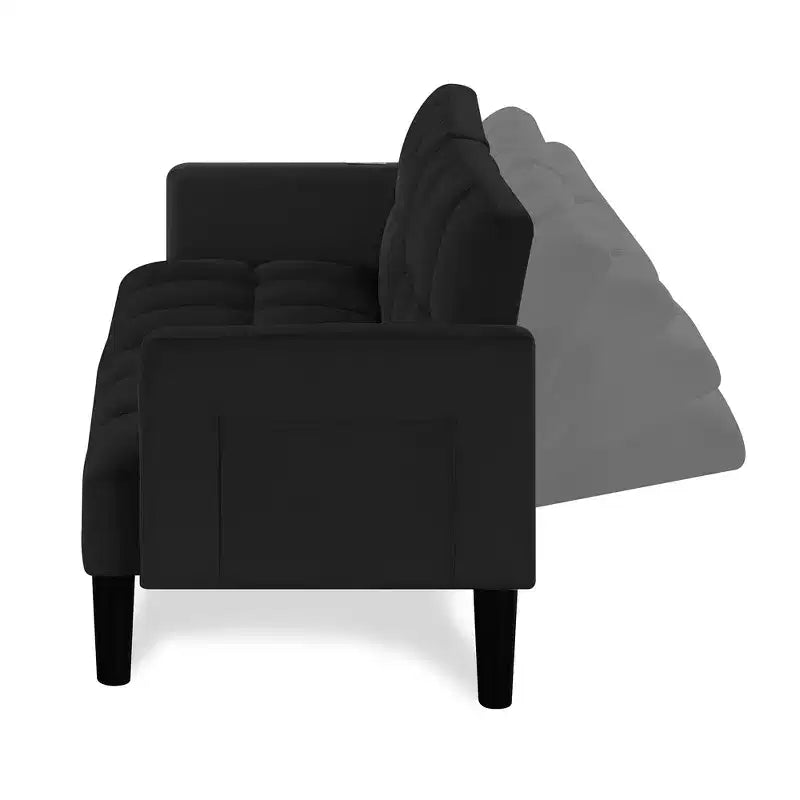 Divano letto futon in velluto trasformabile pieghevole a tre posti con trapuntatura per appartamento, nero