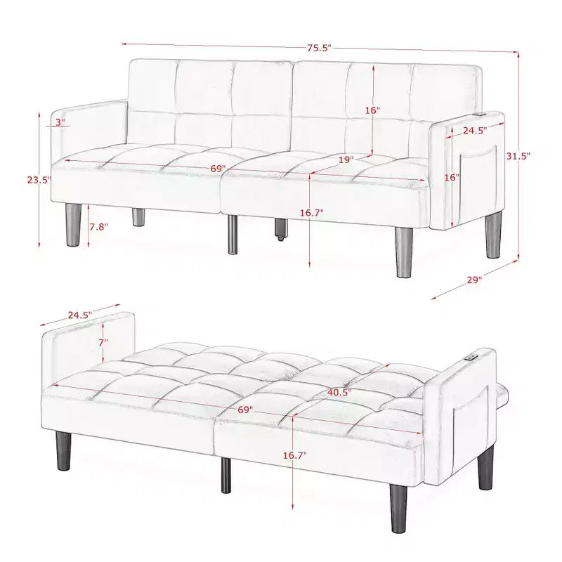 Divano letto futon in velluto trasformabile pieghevole a tre posti con trapuntatura per appartamento, nero