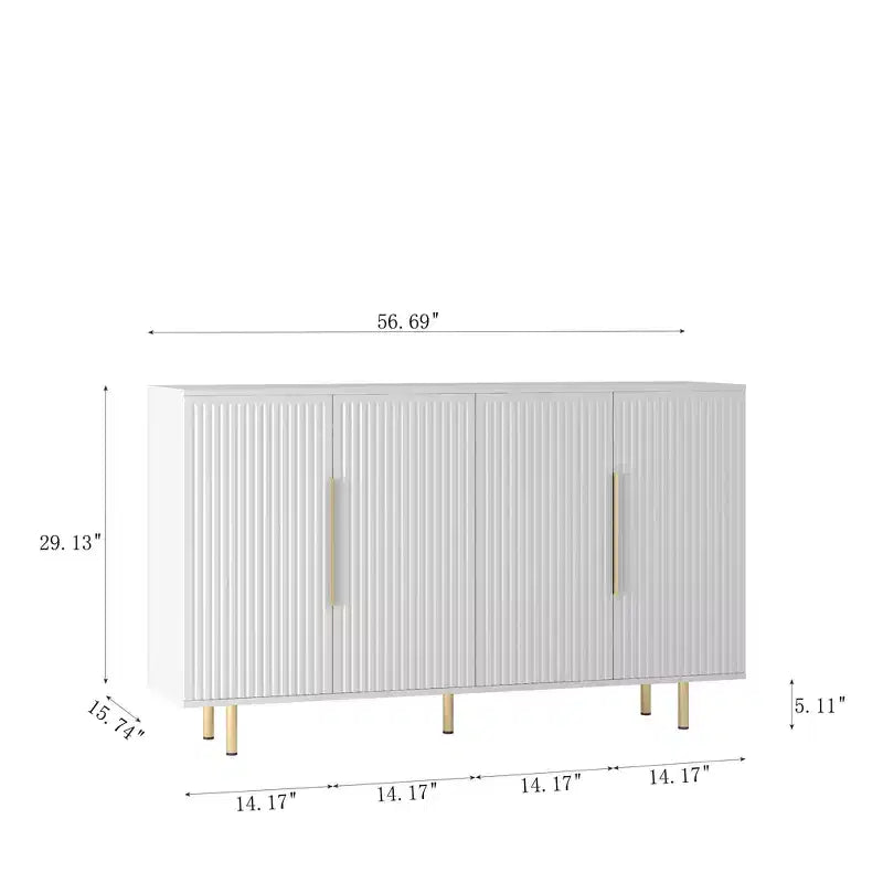 Credenza moderna bianca con pannelli laterali scanalati e ripiani regolabili