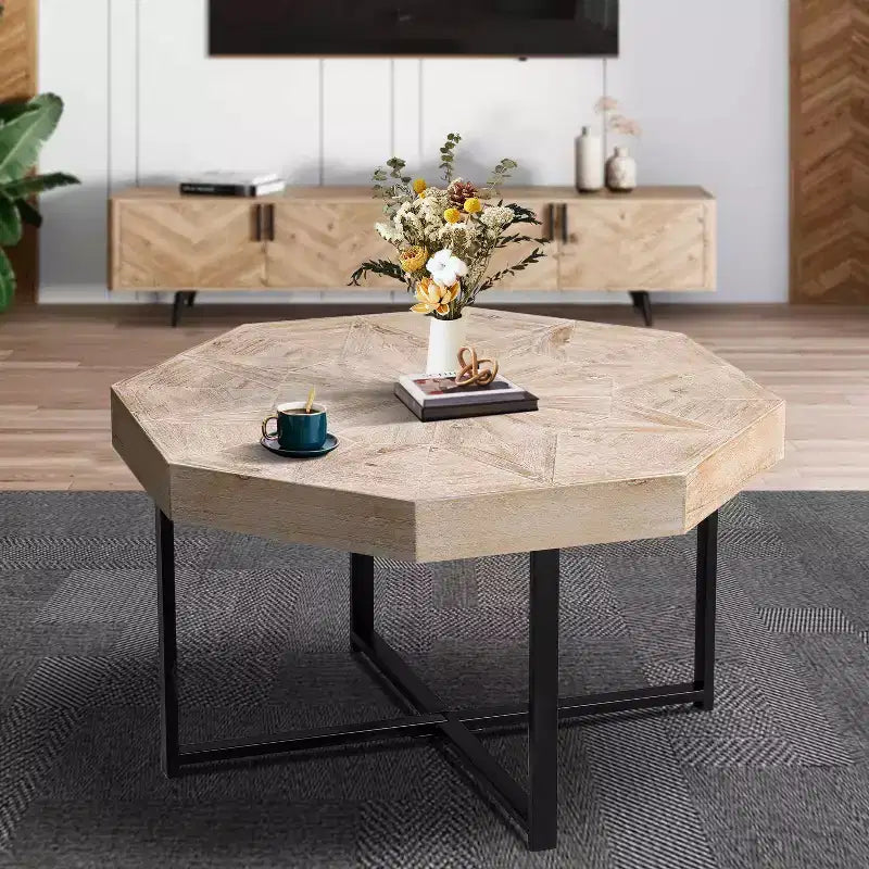 Vintage Octagonal Coffee Table, Steel Crisscross Base