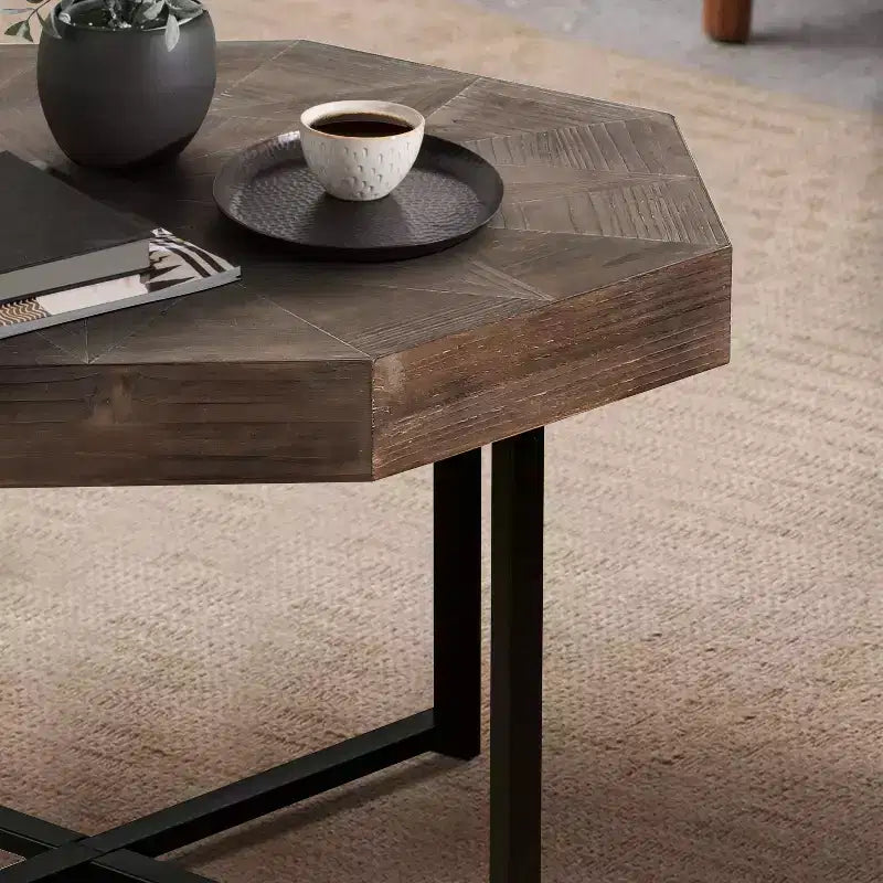 Tavolino da caffè vintage ottagonale, base incrociata in acciaio