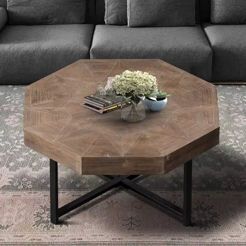 Vintage Octagonal Coffee Table, Steel Crisscross Base
